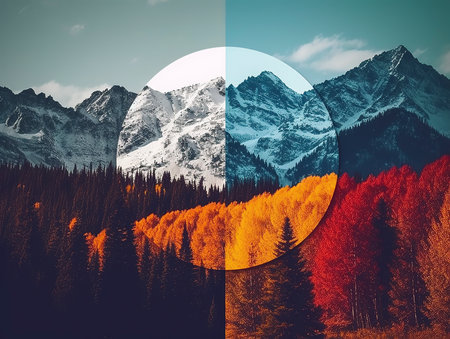 Collage of colorful autumn landscape with mountains and forest. Collage of nature.の素材
