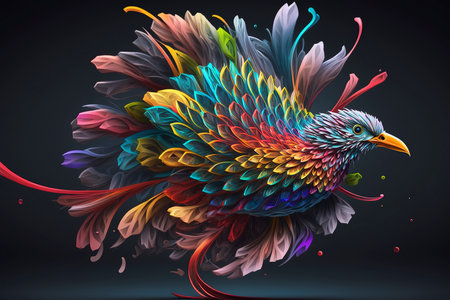 Abstract colorful bird with colorful feathers on black background. Vector illustration.の素材