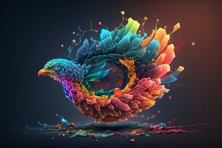 Colorful bird made of fractal shapes on dark background. 3D renderingの素材