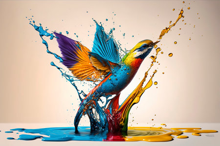 Colorful bird splashing out of water. 3d illustration.の素材