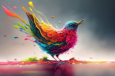 Colorful bird with splashes and drops. 3d illustration.の素材