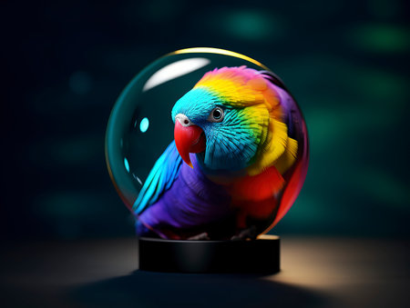 Parrot in a crystal ball on a dark background. 3d renderingの素材