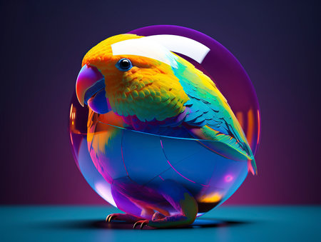 Colorful parrot in a glass sphere. 3D illustration.の素材