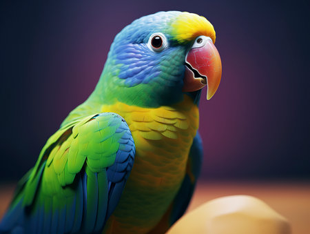 Colorful parrot isolated on dark background. Close-up.の素材