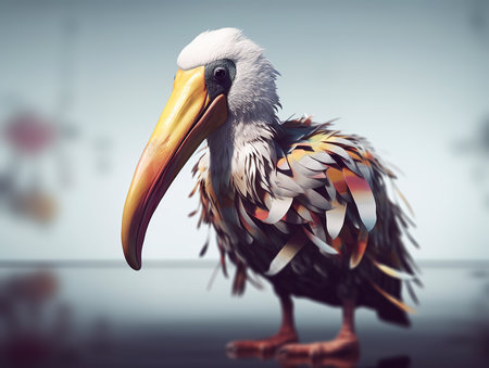 3d rendering of a pelican standing in front of a lab windowの素材