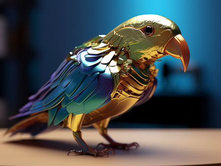 3d rendering of a golden parrot in a blue room.の素材