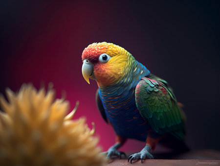 Beautiful colorful parrot sitting on a wooden table in dark roomの素材