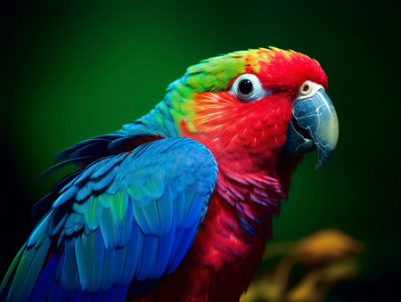 Colorful macaw parrot on dark background, closeup viewの素材