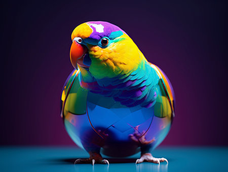Colorful parrot with a ball on a dark purple background.の素材