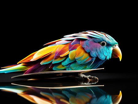 Colorful parrot isolated on black background with reflection and copyspaceの素材
