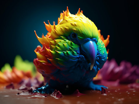 Colorful parrot sitting on a piece of chocolate with flowers.の素材
