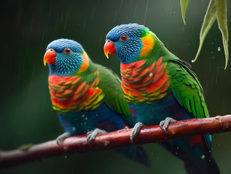 Rainbow lorikeets sitting on a branch in the rainの素材