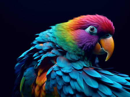 Colorful parrot on a black background. 3D illustration.の素材