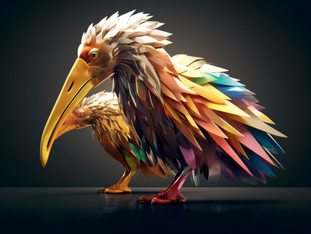 Colorful pelican isolated on black background. 3D illustration.の素材