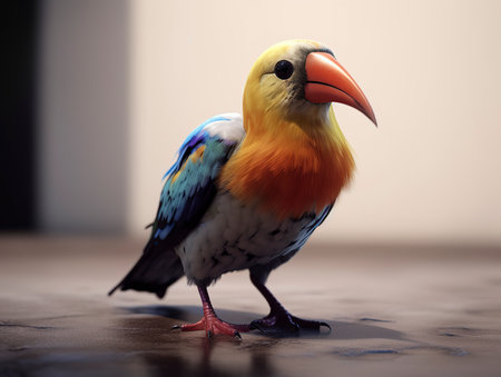 Colorful parrot standing on the floor in the garden at sunsetの素材