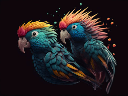 Colorful macaw parrots isolated on black background. 3d illustrationの素材