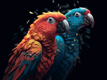 Colorful parrot couple isolated on black background. 3d illustrationの素材