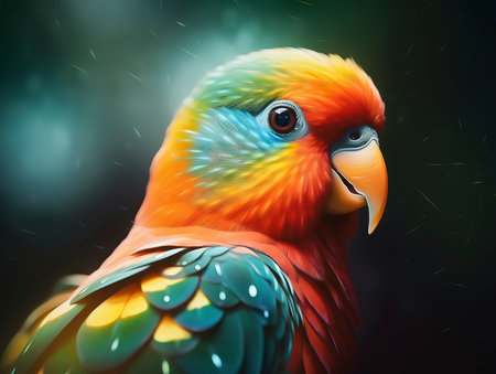 Parrot in the rain. Colorful parrot on a dark background.の素材