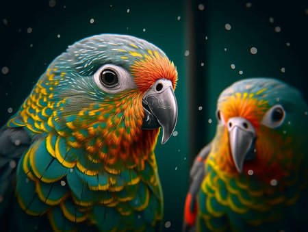 Beautiful colorful macaw parrots with rain drops on their feathersの素材