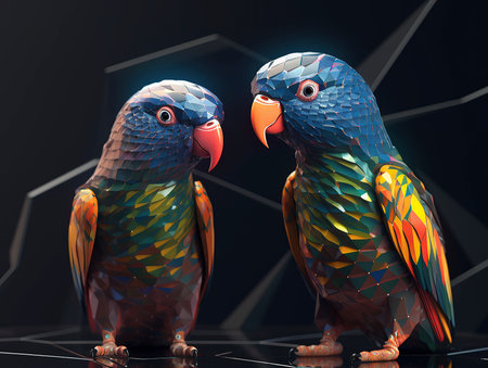 Colorful parrots on a black background. 3D rendering.の素材