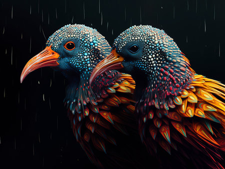 Two pigeons in the rain on a dark background. 3d renderingの素材