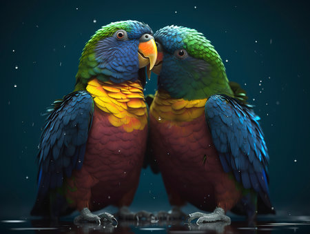 Colorful parrots on a dark background. Concept of love.の素材
