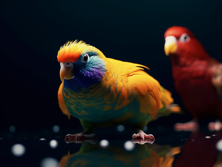 Colorful parrots on a dark background. Close-up.の素材