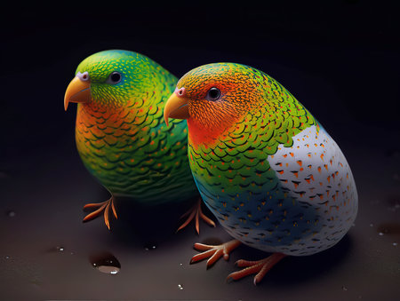 Pair of colorful parrots on black background, close-upの素材