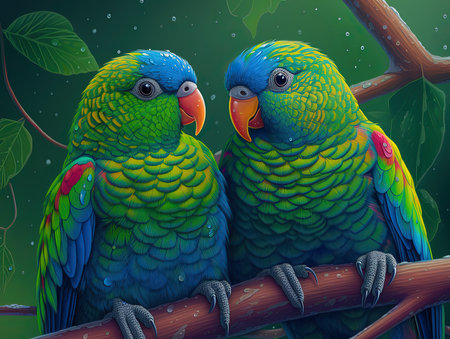 Two parrots sitting on a branch in the rain. Vector illustration.の素材