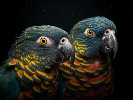 Two parrots on a dark background. Close-up portrait.の素材