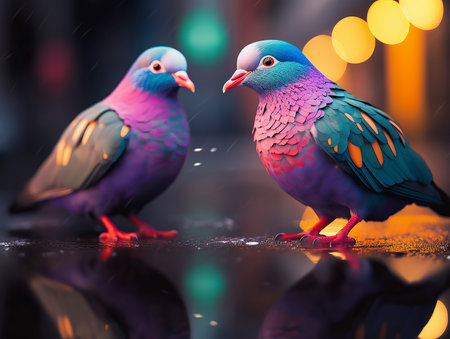 Pigeons on the background of the night city. Bokehの素材