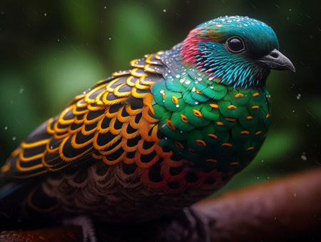 Colorful pheasant bird with rain drops on its feathers.の素材