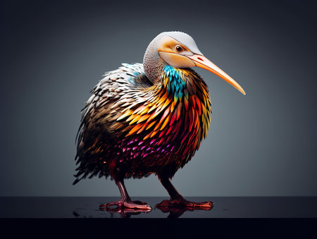Colorful pelican isolated on dark background. 3d illustration.の素材