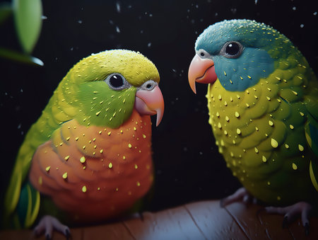 Two parrots with raindrops on a dark background. Selective focus.の素材