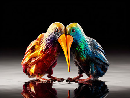 Couple of colorful parrots isolated on black background with reflection.の素材