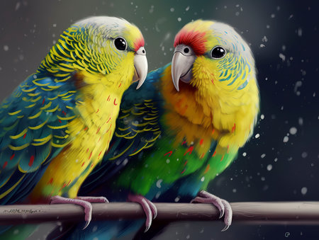 Two colorful parrots on a branch. Snowfall. Birds.の素材