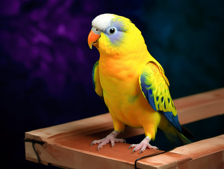 Yellow and blue parrot sitting on a wooden table against a purple backgroundの素材