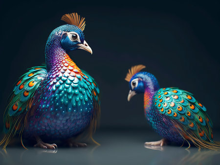 Pair of beautiful peacocks on a dark background. 3d renderingの素材