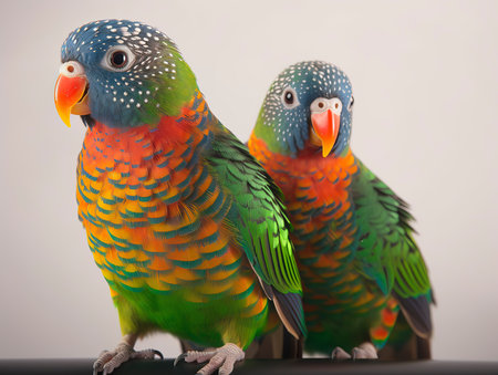 Beautiful parrots on a light background. Close-up.の素材
