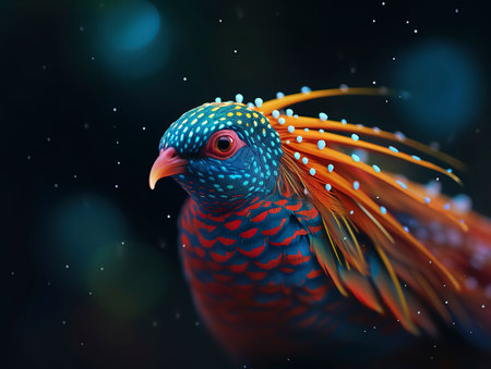 Colorful pheasant on a dark background. 3d renderingの素材