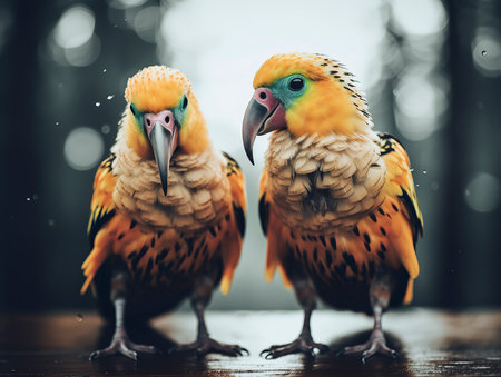 Beautiful parrots in the rain on the background of the forestの素材