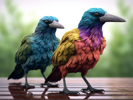 3D rendering of a pair of colorful birds standing on a wooden surfaceの素材