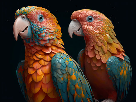 Two beautiful macaws on a black background. 3d rendering.の素材
