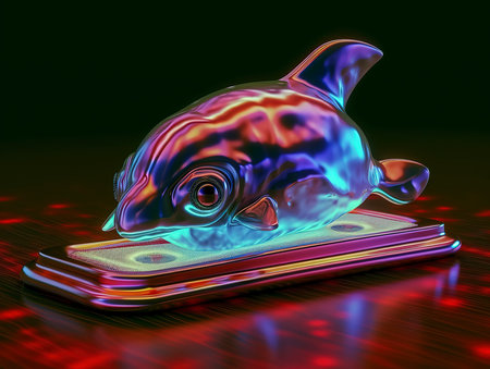 A 3D render of a dolphin on a smart phone screen.の素材