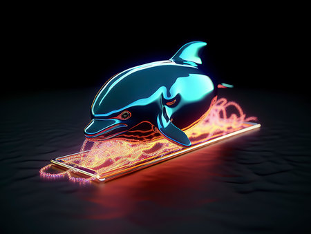 A 3d rendering of a blue killer whale on a cell phoneの素材