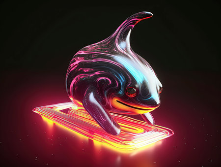 Neon dolphin on a dark background. 3D rendering. Neon lights.の素材