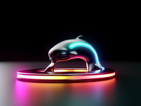 Neon dolphin on dark background. 3D rendering. Neon sign.の素材