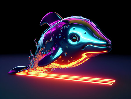 Dolphin in neon light, 3d render. Computer digital drawing.の素材