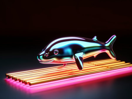 3D Illustration of a Futuristic Orca in neon lightの素材