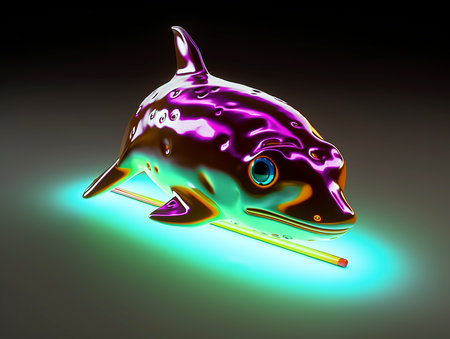 Dolphin in neon light on a black background. 3d illustrationの素材